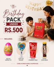 BingoWorld birthday surprise gift pack under Rs. 500 with candy, chocolate, toy and kids treats in shopper bag